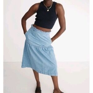 Madewell‎ Denim Pull On Midi Skirt Wmns Sz L Cottage Core Chic Versatile Casual